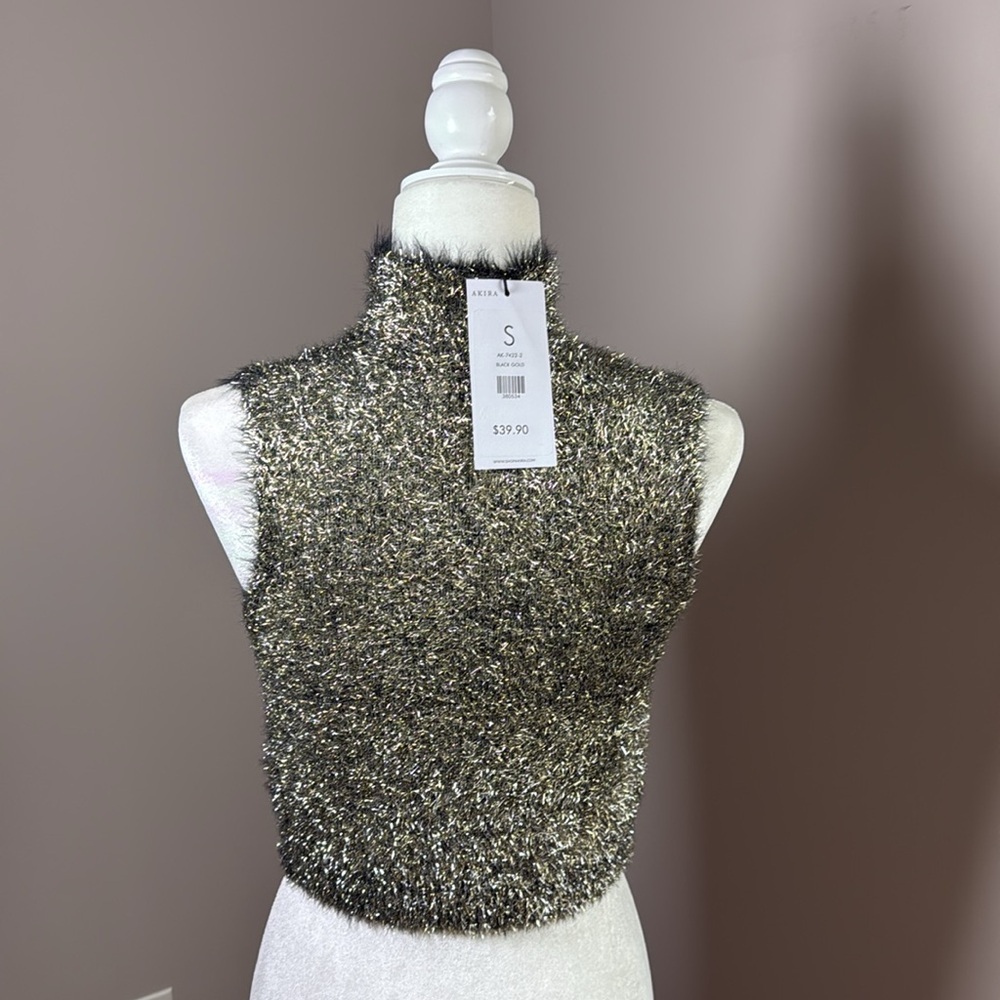 AKIRA Black Gold Metallic Mock Neck Sleeveless Crop Top NWT Sparkly Party - Picture 4 of 4